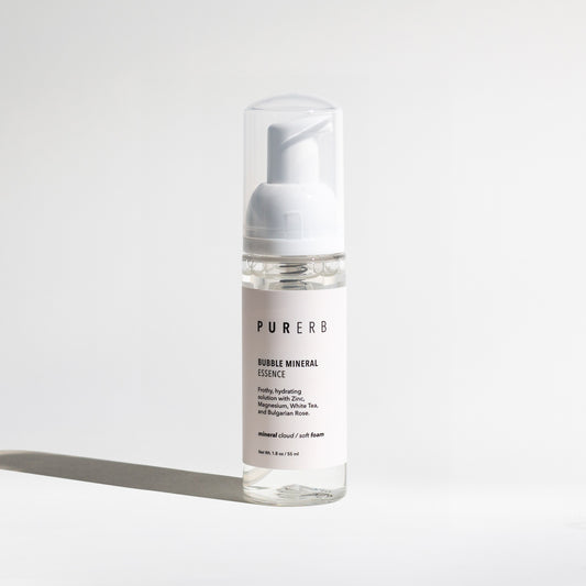 Bubble Mineral Essence - Frothy hydrating solution with Zinc, Magnesium, White Tea, and Bulgarian Rose. Deeply hydrate, replenish, and soothe with essential minerals, amino acids, and anti-inflammatory ingredients. Reduce redness, combat aging, and rejuvenate skin. Ideal for all skin types and conditions